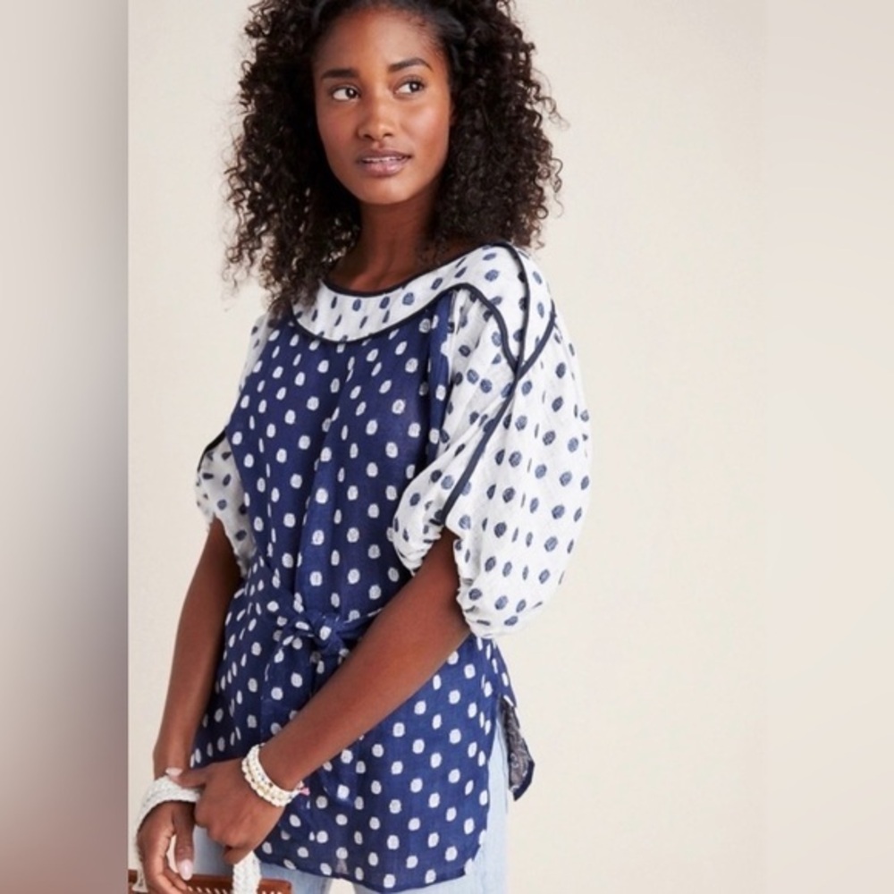 Anthropologie Eva Frank 100% Linen Polka Dot Blouse